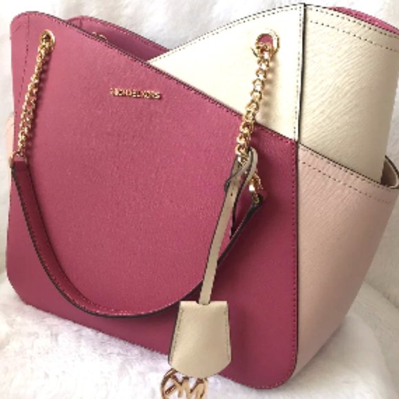 NWT Michael Kors Jet Set Leather Shoulder Bag Tote Pink Gold Chain Ivory Blush - Picture 6 of 16